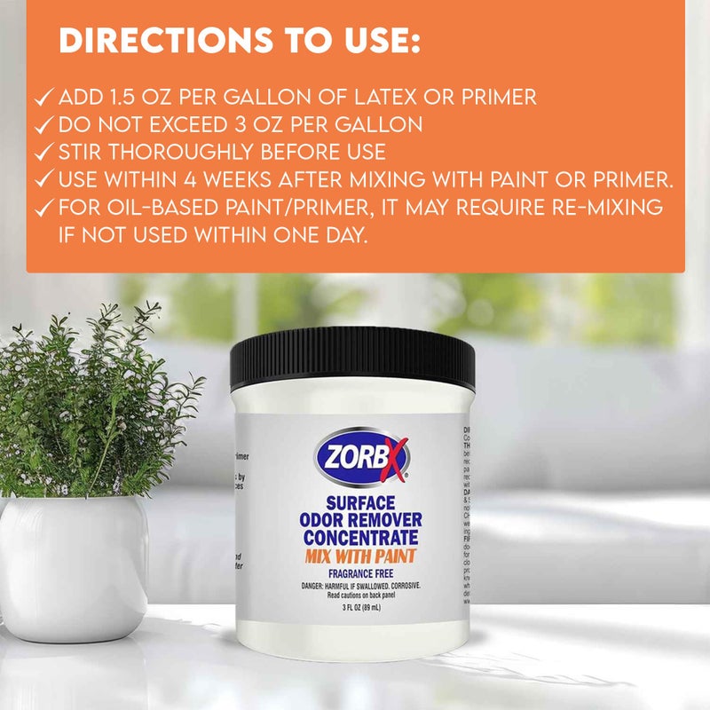 ZORBX 3 Oz Concentrate Surface Odor Remover Paint Additive - Mix 1 Jar in 2 Gallons of Paint for Wall, Ceiling & All Paintable Surface - Helps Remove Odor from Smoke, Mildew, Fire Damage, Cooking, Pet - Image 2